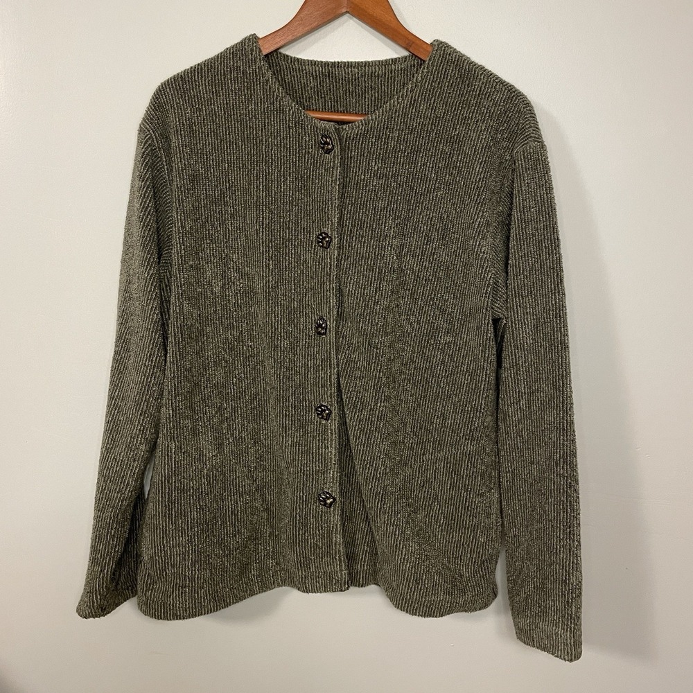 Vtg Green Brand Recycled Womens Cardigan Sweater Medium Green Bearpaw Button USA
